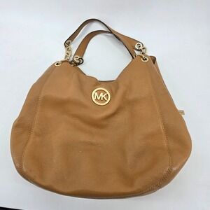 Michael Kors Fulton Large Hobo Bag Tan Pebbled Leather Gold MK Logo Shoulder Bag
